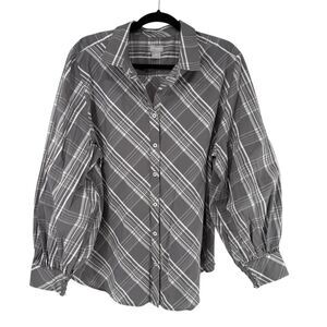 Chicos Top Size 4 US 20 Gray Plaid Billow Sleeve Button Up Collared Long Sleeve